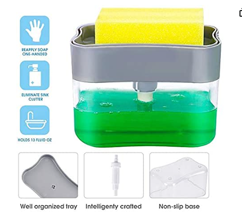 Liquid Soap Dispenser On Countertop With Sponge Holder For Pet